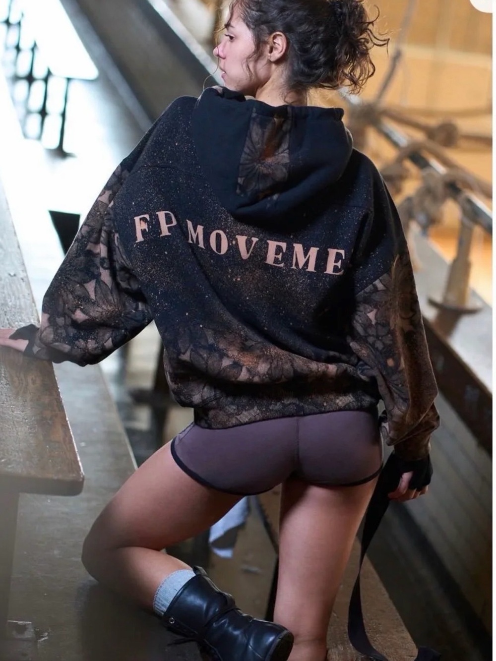 Free People Black Floral Lace Glitter FP MOVEMENT Hoodie with Pink Logo